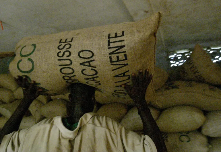 A worker in Agboville, Ivory Coast, carries a bag of cocoa [File: Luc Gnago/Reuters]