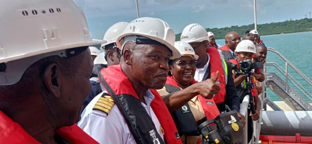 The Ugandan Minister of Energy and Mineral Development Ruth Nankabirwa tour the Port Facility with the Kenya Ports Authority (KPA) MD Cap William Ruto (second left) during the reception of Uganda's First Oil Consignment Shipment at the New Kipevu Oil Terminal (KOT) in this photo taken on July 3, 2024.