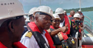 The Ugandan Minister of Energy and Mineral Development Ruth Nankabirwa tour the Port Facility with the Kenya Ports Authority (KPA) MD Cap William Ruto (second left) during the reception of Uganda's First Oil Consignment Shipment at the New Kipevu Oil Terminal (KOT) in this photo taken on July 3, 2024.