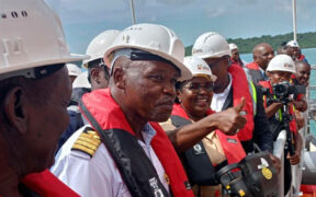 The Ugandan Minister of Energy and Mineral Development Ruth Nankabirwa tour the Port Facility with the Kenya Ports Authority (KPA) MD Cap William Ruto (second left) during the reception of Uganda's First Oil Consignment Shipment at the New Kipevu Oil Terminal (KOT) in this photo taken on July 3, 2024.