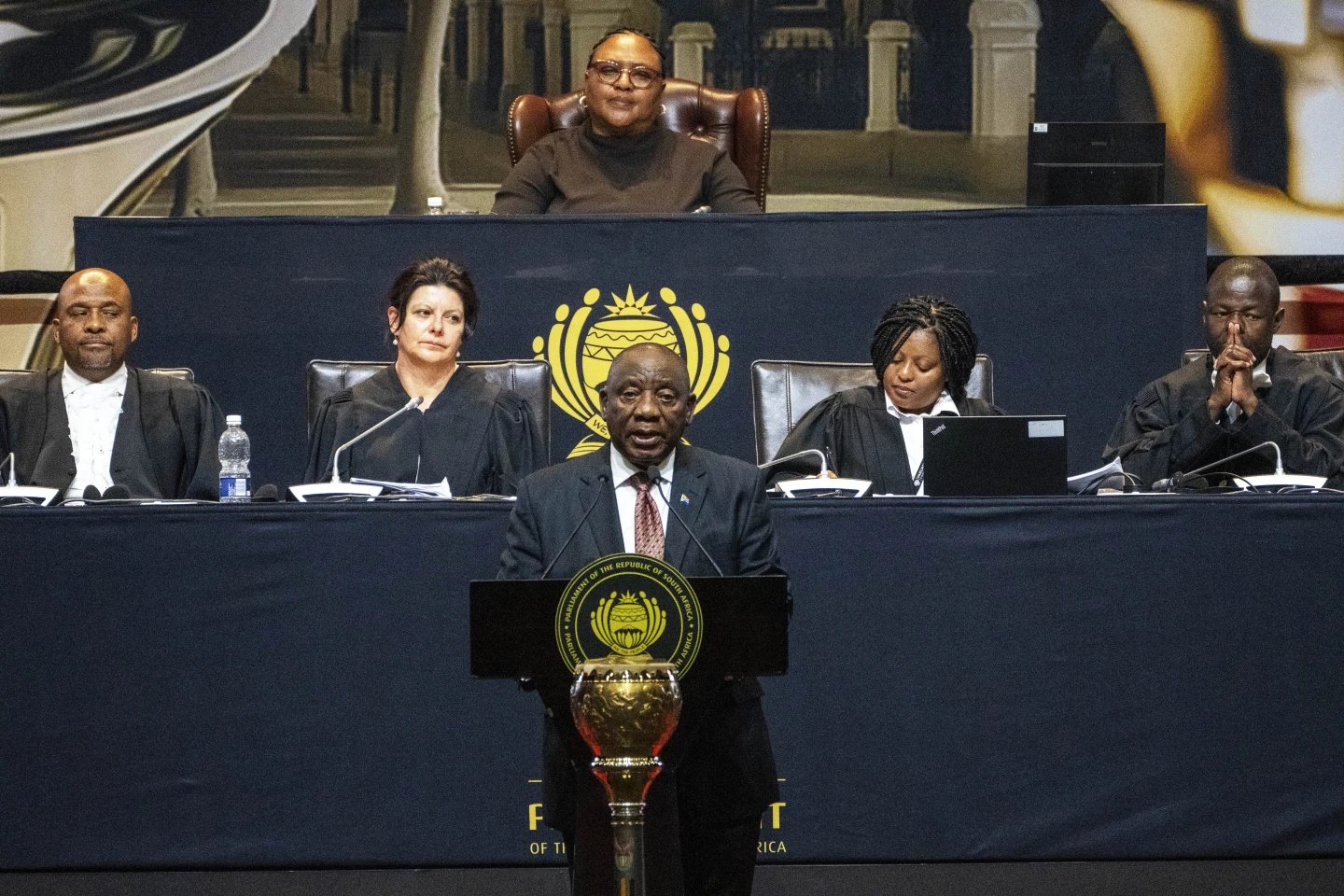 South Africa’s Cyril Ramaphosa, is sworn in as President by Chief Justice Raymond Zondo, left, at his inauguration at the Union Buildings in Tshwane, South Africa, Wednesday, June 19, 2024. (Kim Ludbrook/Pool Photo via AP)