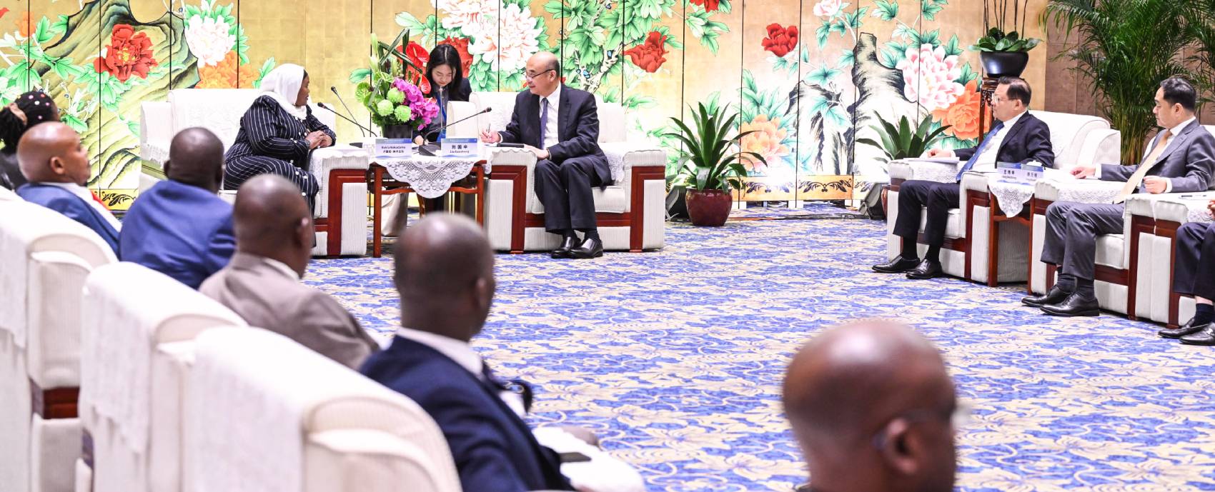 Chinese Vice Premier Liu Guozhong, a member of the Political Bureau of the Communist Party of China Central Committee, meets with Rukia Nakadama, Uganda’s third deputy prime minister, attending the 5th Forum on China-Africa Local Government Cooperation, July 9, 2024. (Photo: AFP)