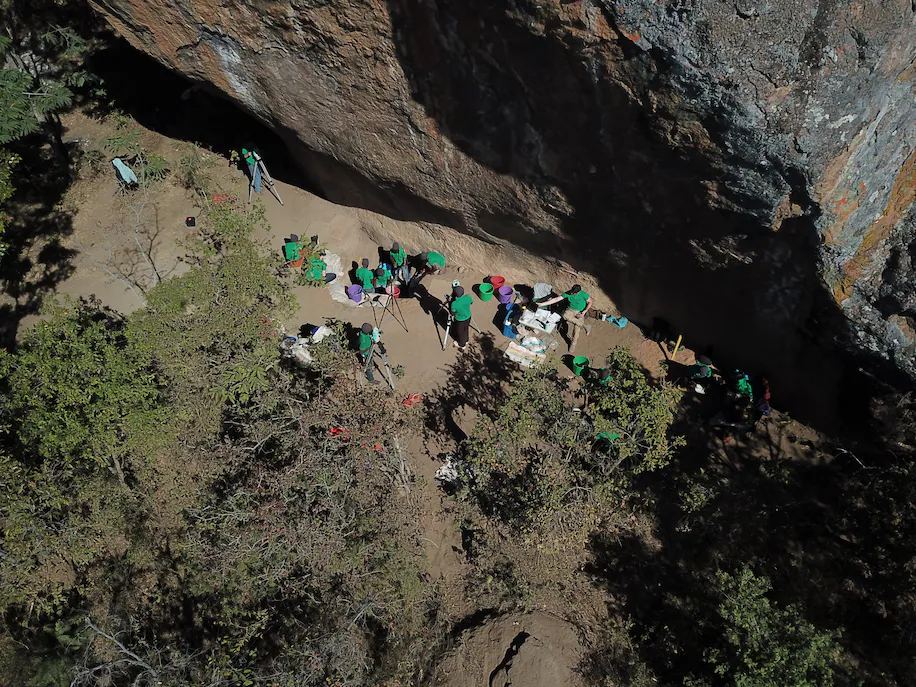 A drone’s-eye view of Jessica Thompson’s excavation at the Hora 1 site in Malawi. The site had two of the oldest human skeletons in Africa to preserve ancient DNA. The remains have ancestry showing widespread genetic admixture across all of eastern and central Africa. (Jacob Davis)